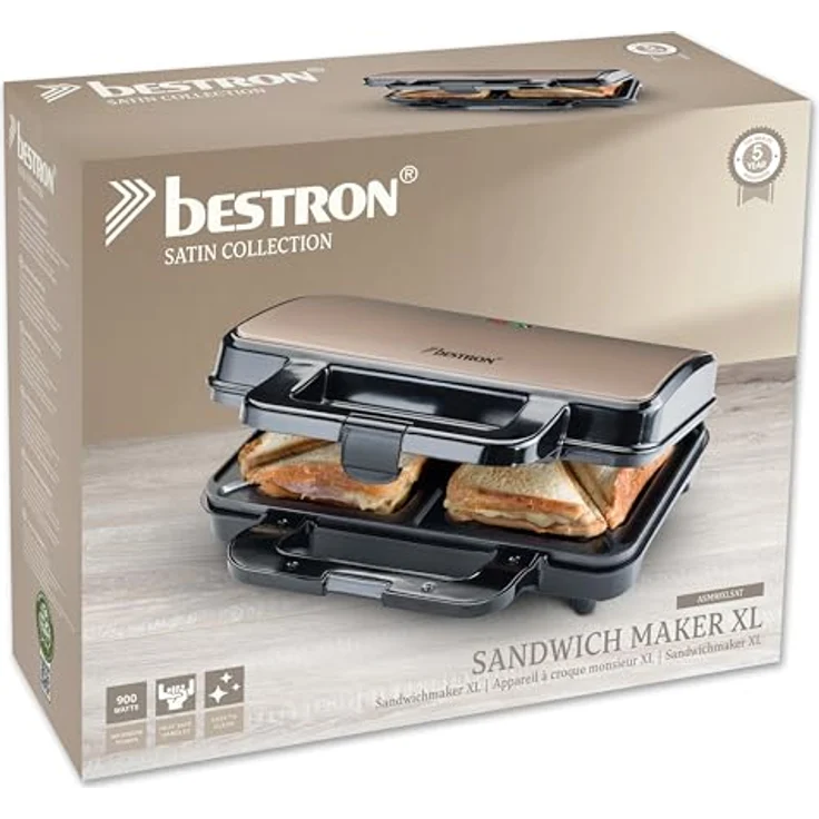 Bestron ASM92XLSAT, XXL Sandwichmaker mit 900 W, beige, automatische Temperaturregelung und Antihaftbeschichtung – Bild 7