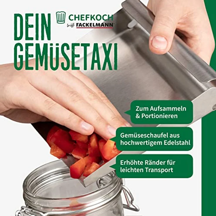 FACKELMANN Chefkoch Gemüsetaxi aus Edelstahl, praktische Küchenschaufel mit erhöhten Rändern, spülmaschinengeeignet, 15 x 15 x 3,5 cm – Bild 2