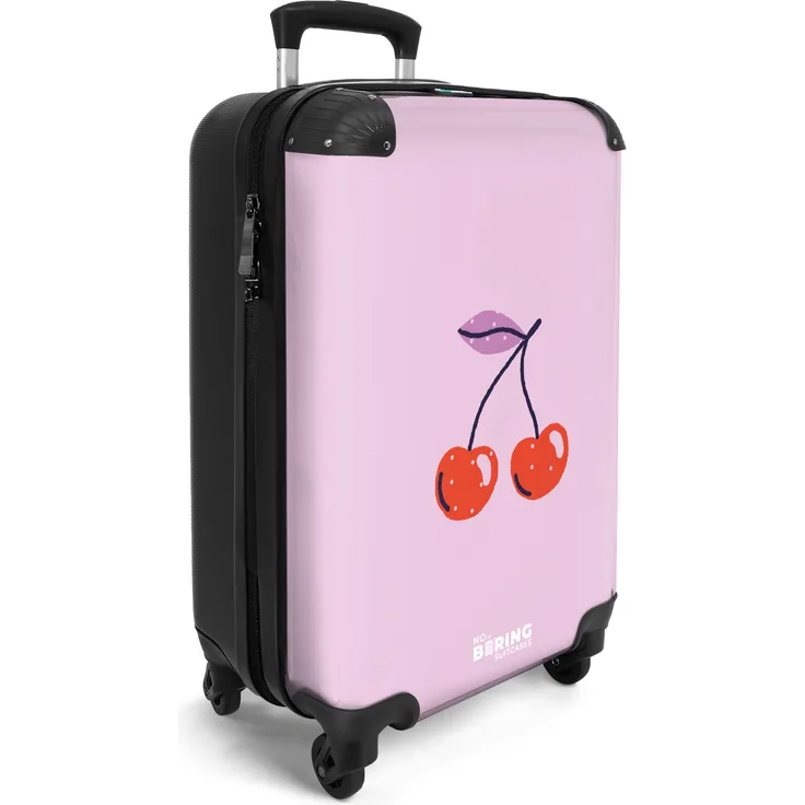 NoBoringSuitcases.com© Hartschalen-Trolley Lila mit roter Kirsche 55x35x20cm, 4 Rollen, Handgepäck Koffer & Trolleys, Frauen