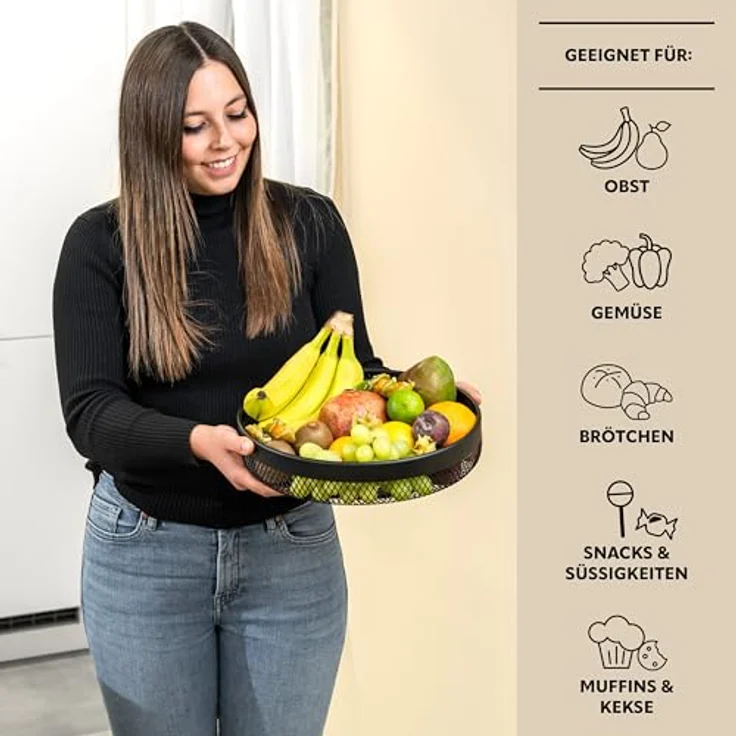 eluno Obstkorb - Brotkorb 2er Set, Moderne runde Obstschalen aus schwarzem Metall, Luftzirkulation für längere Frische – Bild 3