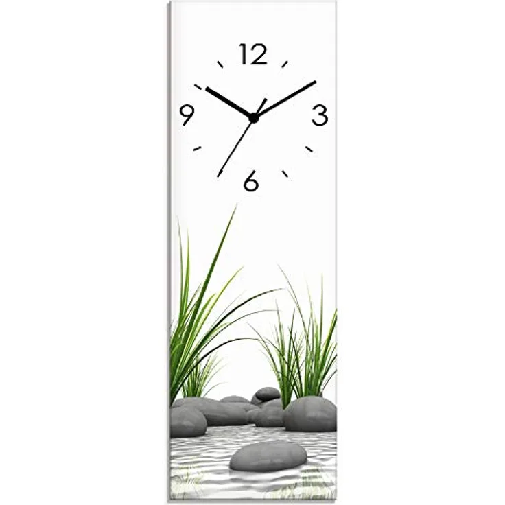 ARTLAND Wanduhr ohne Tickgeräusche Glas Funkuhr 20x60 cm Rechteckig Lautlos Natur Design Zen Spa Steine Asiatisch Modern T6CD