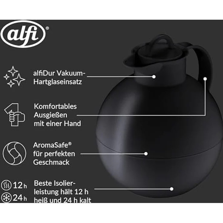 alfi 0115.020.094 Isolierkanne Kugel, Kunststoff Schwarz 0,94 l, 12 Stunden heiß, 24 Stunden kalt, Frosted – Bild 4