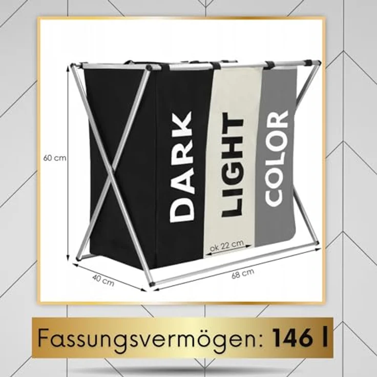 Springos Wäschekorb Organizer 146L, faltbar, 3-fach Fächer mit Zugband, Aluminiumrahmen, große Polyesterfächer, Tragegriffe für Wäschetrennung und platzsparende Lagerung – Bild 3