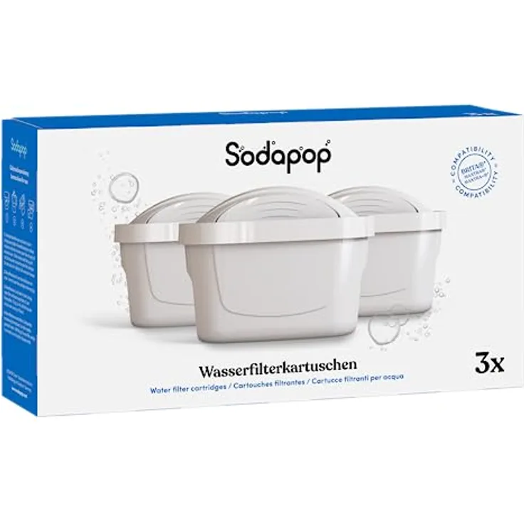 Sodapop Wasserfilter-Kartuschen, 3 Stück, kompatibel mit BRITA®*, für weniger Chlor, Kalk und Schwermetalle im Trinkwasser