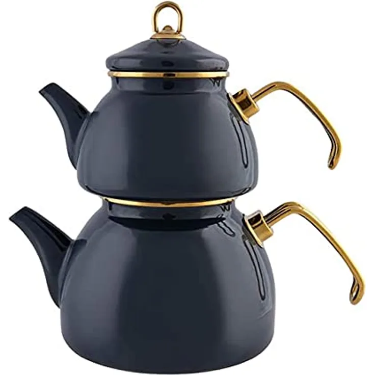 Karaca Retro Emaille Teekannen Set, Anthracite, Induktionsgeeignet, Teekocher, Wasserkocher, Teeaufguss 1,1L, Wasserkanne 2,3L, Türkische Teekessel, Tea Maker, Caydanlik