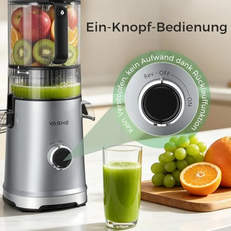 YASHE Slow Juicer, 600W Entsafter mit 150mm Edelstahl-Einfüllschacht, Saftpresse für ganze Früchte & Gemüse, Sorbet & Nussmilch, hohe Saftausbeute, leicht zu reinigen – Bild 5