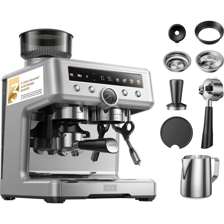 MOVA S20 Pro, Siebträgermaschine mit Mahlwerk, 20 Bar, Dual-Boiler- und Dual-Pumpen-System, Silber, Milchaufschäumer, Touchscreen, Ein-Knopf-Reinigung