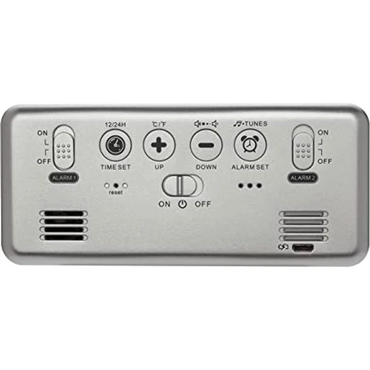 TFA Dostmann Digitaler Wecker mit Spiegeleffekt, 60.2032.54, 2 Alarmzeiten, 16 Wecktöne, mit 4 Helligkeitsstufen, Uhrzeit (AM/PM), mit integrierten Akku, Silber (L) 145 x (B) 32 x (H) 65 mm – Bild 3