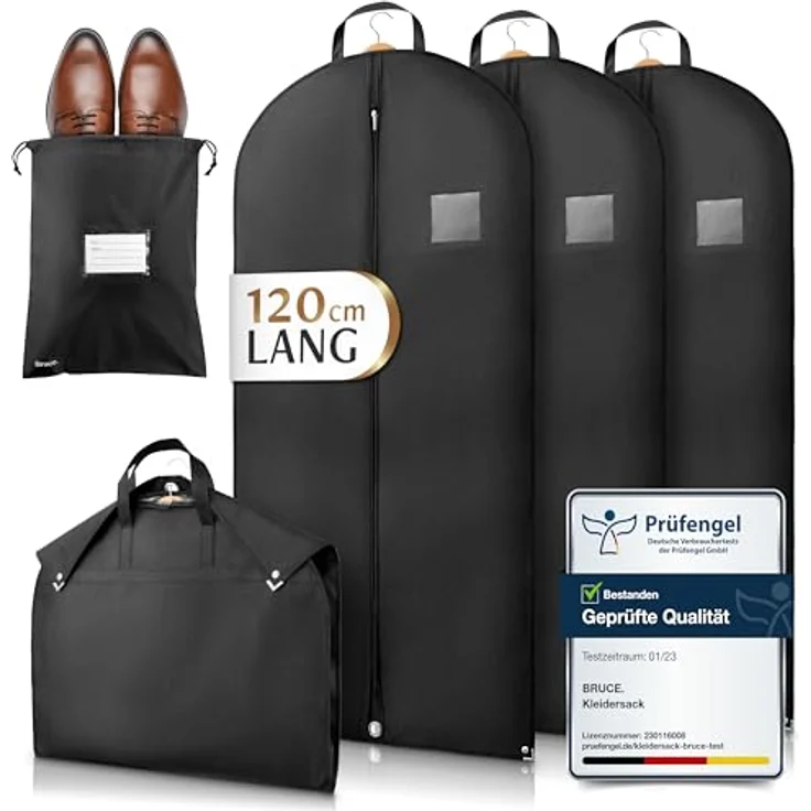 Bruce.® 3x Kleidersack Kurz 120x60 cm, atmungsaktive Anzugtasche mit Schuhbeutel – Schwarz – Bild 1