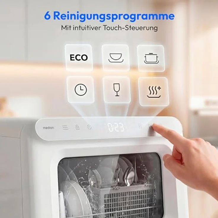 MEDION Mini Geschirrspüler DWT30, freistehend, 3 Maßgedecke, Tischgeschirrspüler mit/ohne Wasseranschluss, 6 Programme, UV-Licht, Lüfter-Trocknung, Touch-Display, weiß, MD370022 – Bild 3
