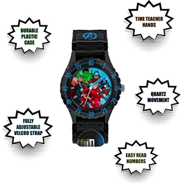 Avengers Marvel Jungen Analog Quarz Armbanduhr AVG5008 mit Zifferblatt im Avengers-Design, schwarzes Stoffarmband mit Klettverschluss – Bild 4