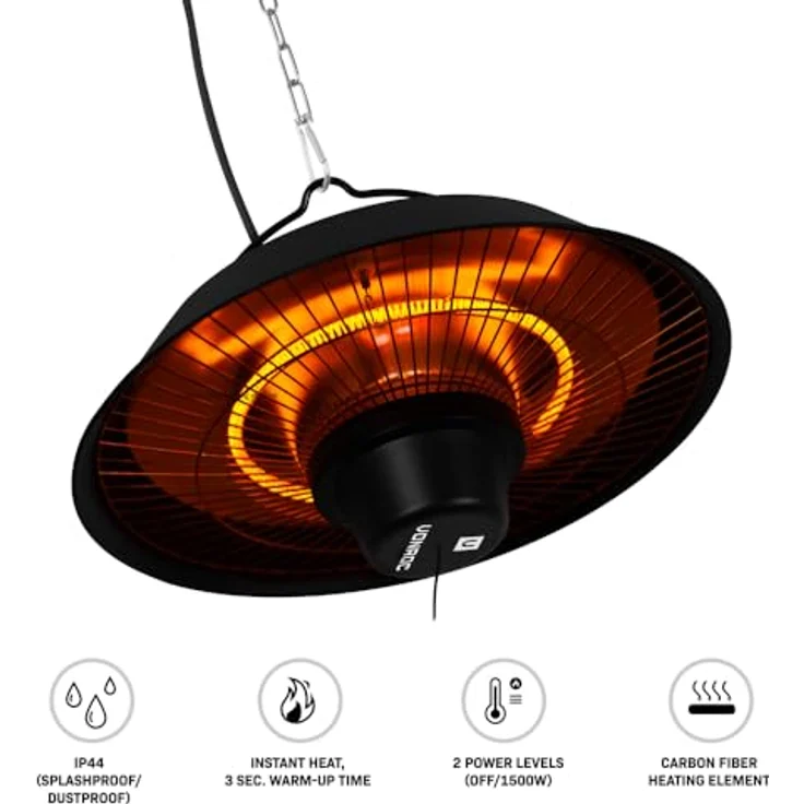 VONROC Heater Ustica, hängender Infrarot Heizstrahler 1500W, mattschwarz, IP44, sofortige Wärme für Terrasse und Balkon – Bild 5