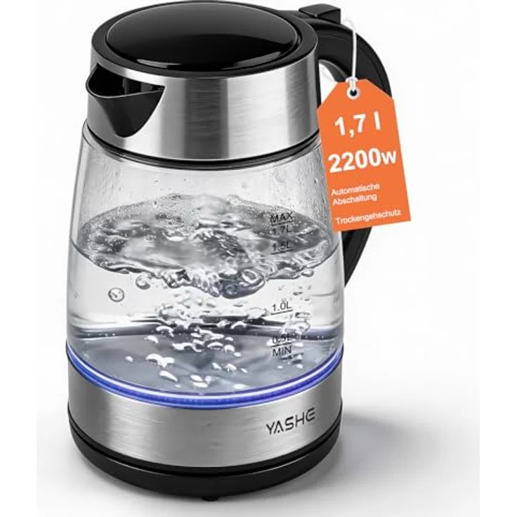 YASHE Wasserkocher Glas 1,7L, 2200W mit blauem LED-Licht und Sicherheitsfunktionen, Schwarz – Bild 1