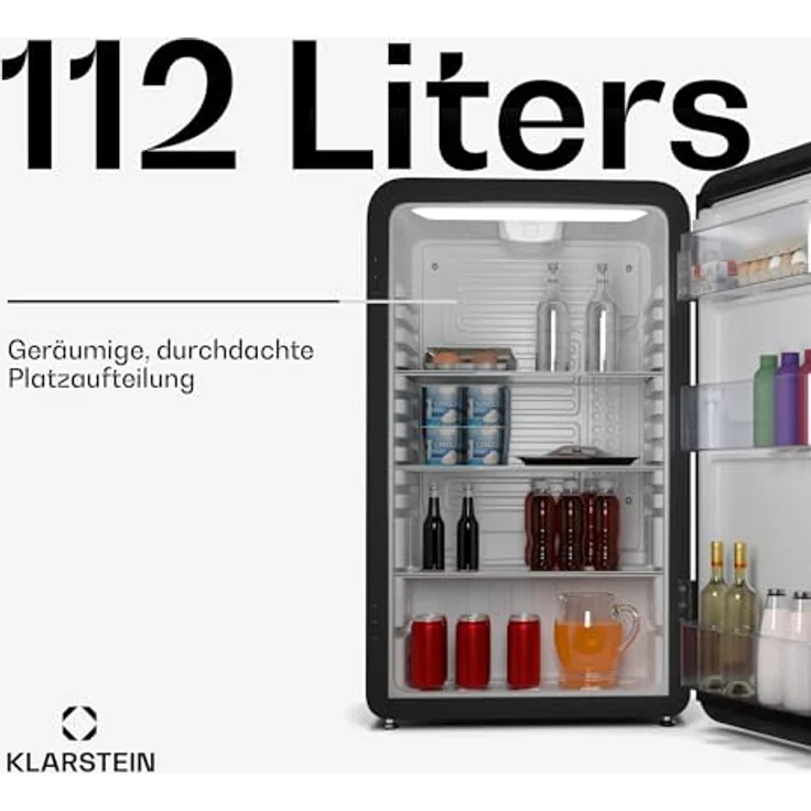 Klarstein Audrey Evo Retro Kühlschrank, 112L, Kühlschrank ohne Gefrierfach, leise 40 dB, wendetür, verstellbare Füße, 0–10 °C, schwarz – Bild 2
