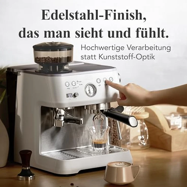 Solis Grind & Infuse Perfetta, Siebträger Kaffeemaschine 54 mm mit Milchaufschäumer und Bohnenmahlwerk, Schwarz/Silber/Weiß – Bild 4