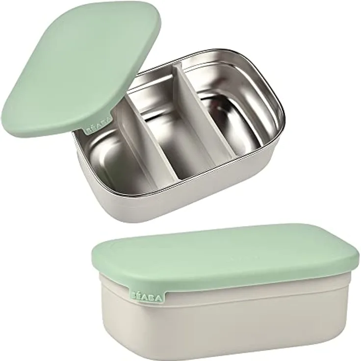 BÉABA, Lunchbox Kind, Brotdose Kinder mit Fächern, Auslaufsicher & BPA Frei, Edelstahldose , Bento Box Kinder, Silikonhülle, extrem robust, ideal für Kindergarten und Schule, 760mL, grau/Salbeigrün