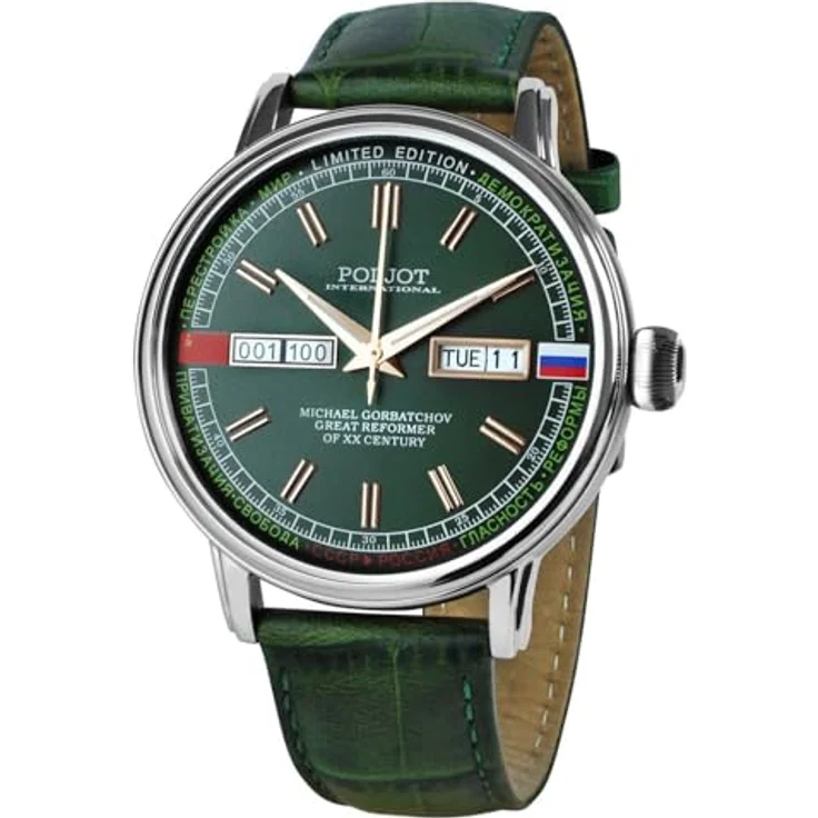 Poljot-International Herrenuhr Automatik Gorbatchov, grün, Edelstahlgehäuse, Lederarmband, kratzfest, leuchtend, Kalenderfunktion – Bild 1