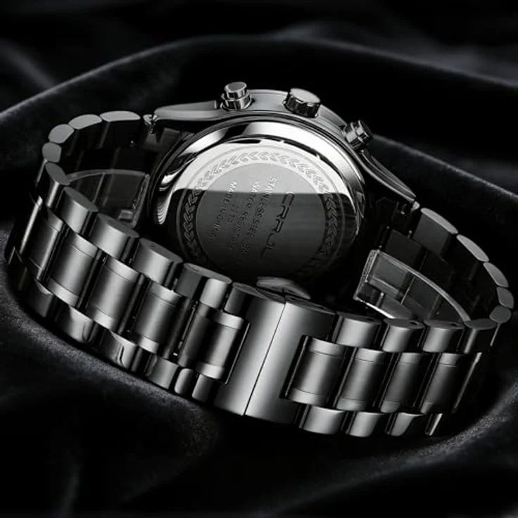 CRRJU Herren Chronograph Armbanduhr, wasserdicht, Edelstahlarmband, analoges Quarzwerk mit Kalender, schwarz – Bild 4