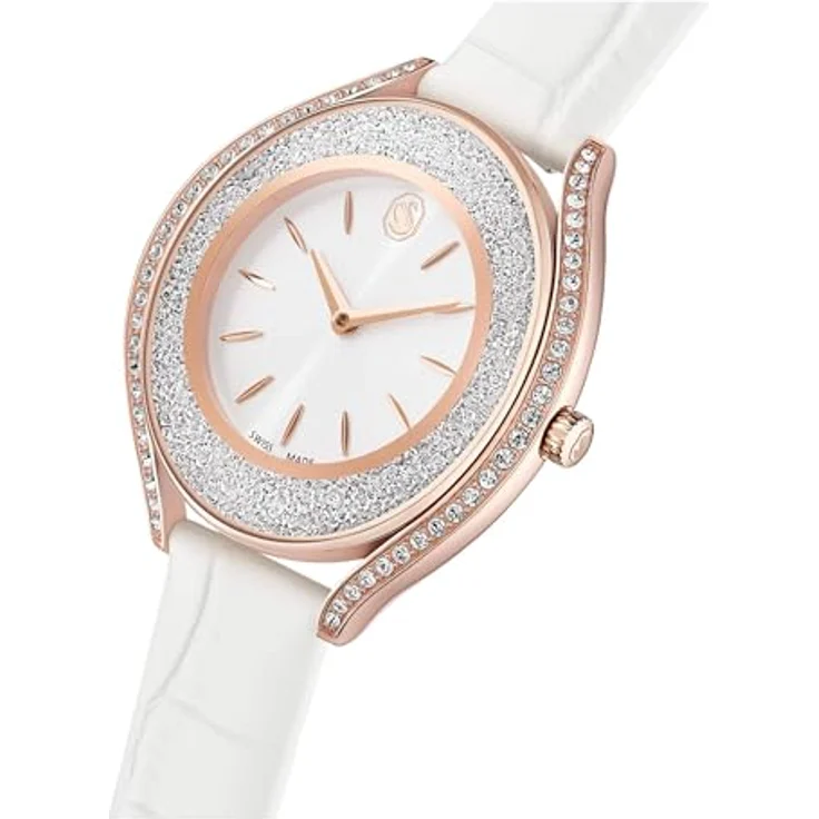 Swarovski Crystalline Aura Uhr, Swiss Made mit weißem Lederarmband und roségoldfarbenem Finish, 38 Kristalle, wasserdicht bis 5 m – Bild 4