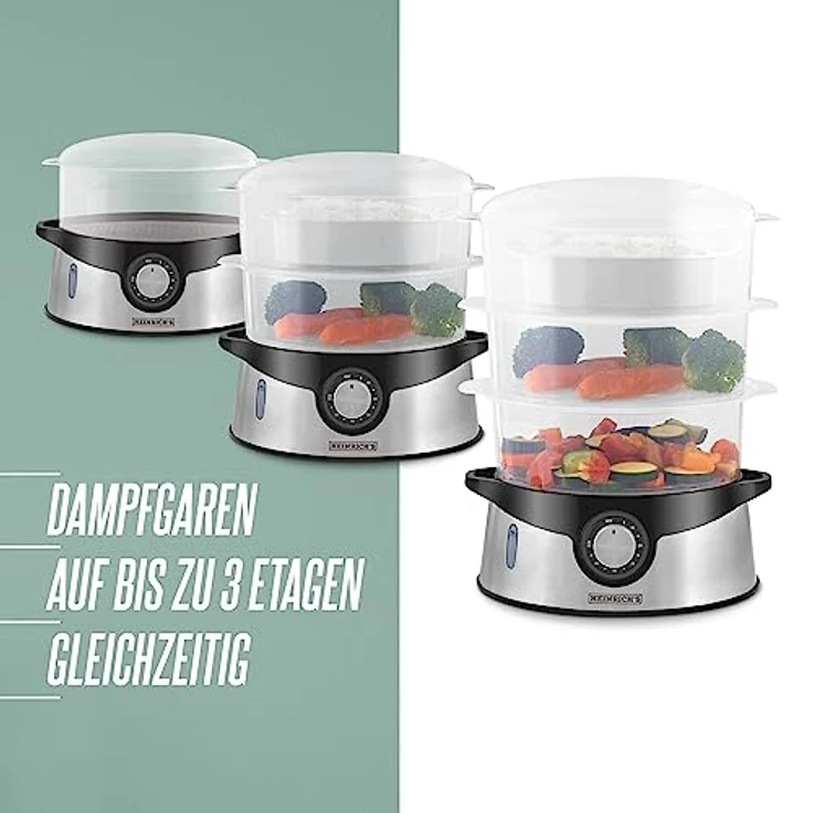 Heinrich´s Dampfgarer HDA 8501, 800,00 W, Dampfkocher, Timerfunktion, 800 Watt, Edelstahl, 3 stapelbare Etagen, 9 Liter Fassungsvermögen, BPA-frei – Bild 4