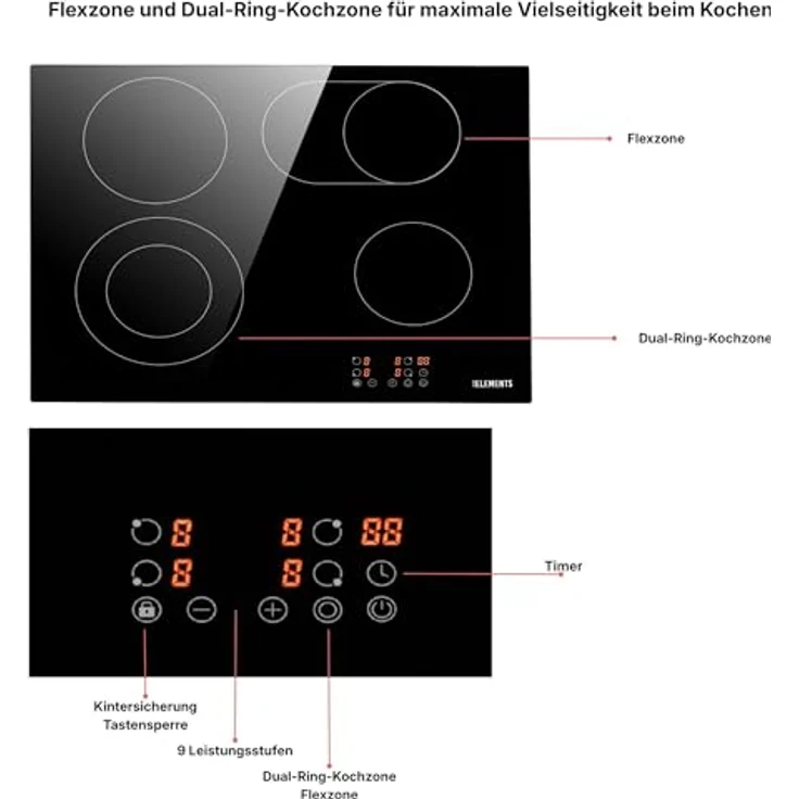 KB Elements Elektro-Kochfeld, 7200 Watt, Glaskeramik, 4 Kochzonen, Flexzone, Touchscreen, Sicherheitssystem – Bild 4