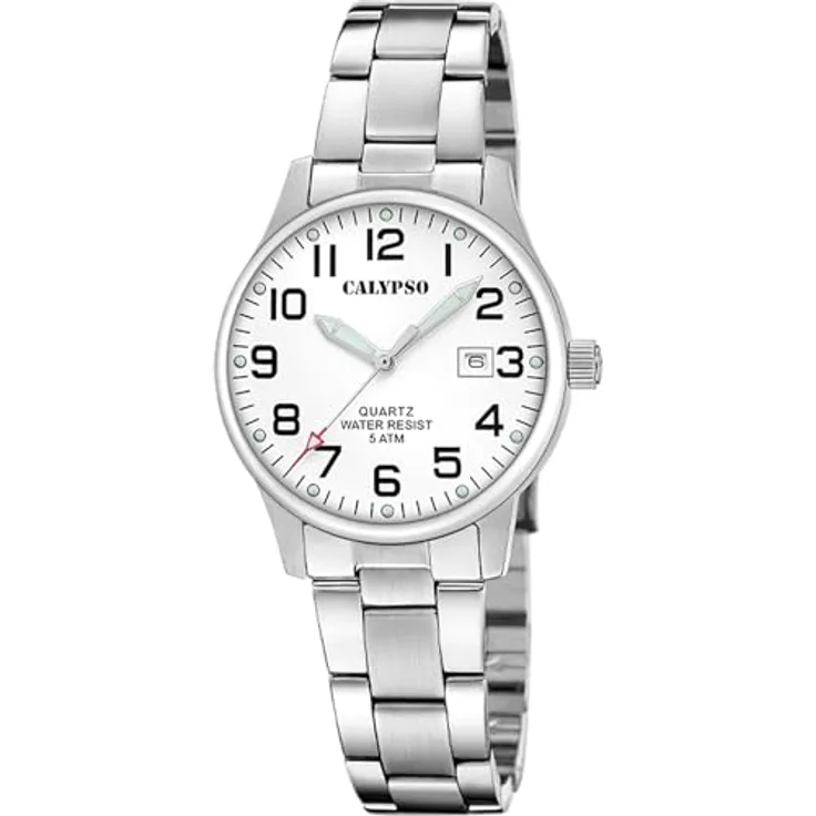 CALYPSO WATCHES Quarzuhr Basic K5861/1, Damenuhr mit Edelstahlarmband, analog, weißes Zifferblatt, silberfarben, wasserdicht bis 5 bar, Leuchtindizes, Datumsanzeige