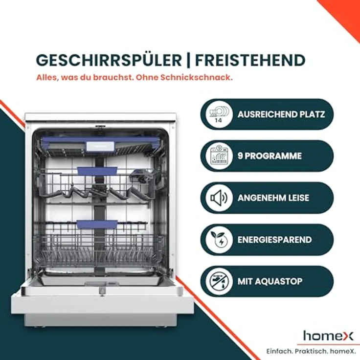 homeX DWFS601442A-S Geschirrspüler 60 cm, freistehend, 14 Maßgedecke, 9 Programme, AquaStop, unterbaufähig, 42 dB – Bild 2