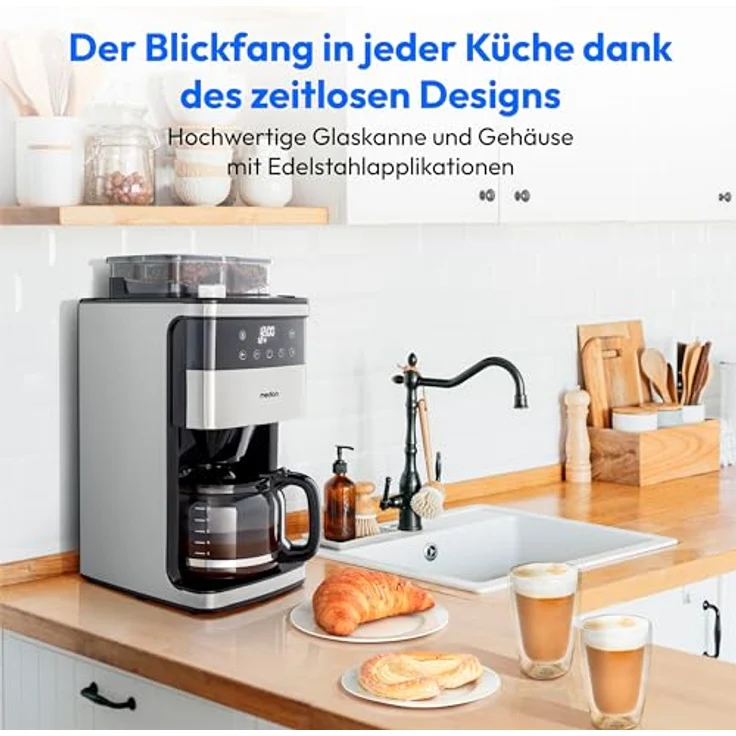 MEDION Kaffeemaschine mit Mahlwerk und Glaskanne (1,5 Liter, max. 12 Tassen, 8 Mahlstufen, max. 1050 Watt, 24 Stunden Timer, LED Display, Tropfstopp, Permanentfilter, MD19899) – Bild 2