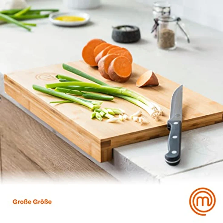 MasterChef Schneidebrett Holz, Holzbrett Küche aus Bambus, für Fleisch, Schinken, Brot, Käse, mit Saftrille und Anschlagkante, Natürlich, Nachhaltig,38.5L x 26.5W x 2H – Bild 2