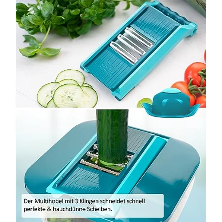 Nicer Dicer Chef Professional Gemüseschneider manuell 15-tlg, Gemüsehobel mit 5.2 L Behälter Deckel, Zerkleiner Küchenhelfer für Würfel Stifte Scheiben Streifen Juliettis, einfache Reinigung – Bild 5