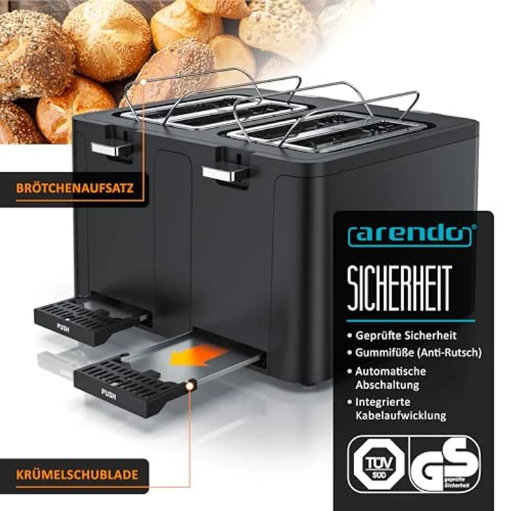 Arendo 4-Scheiben-Toaster Edelstahl, Display, 6 Bräunungsstufen, schwarz, herausnehmbare Krümelschublade – Bild 4