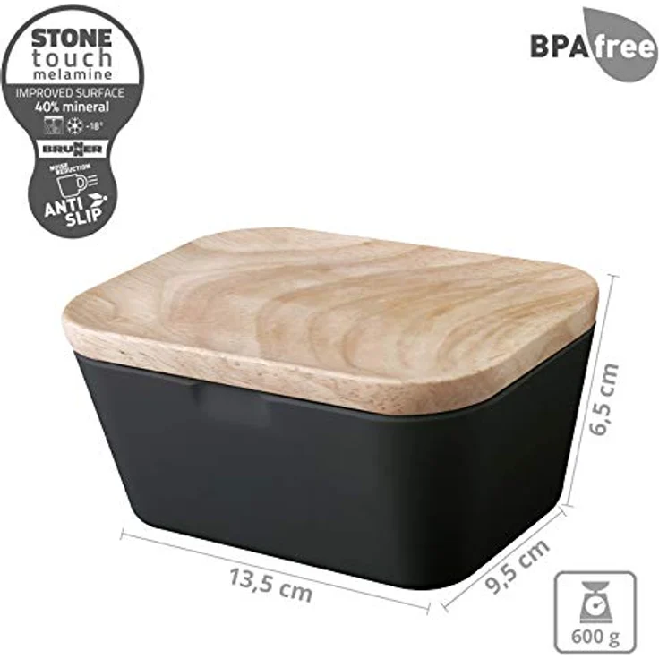 BRUNNER Butterdose, Melamin-/Mineralgemisch, bruchsicher mit Holzdeckel und Anti-Slip-Boden, BPA-frei, spülmaschinenfest, eckig – Bild 2