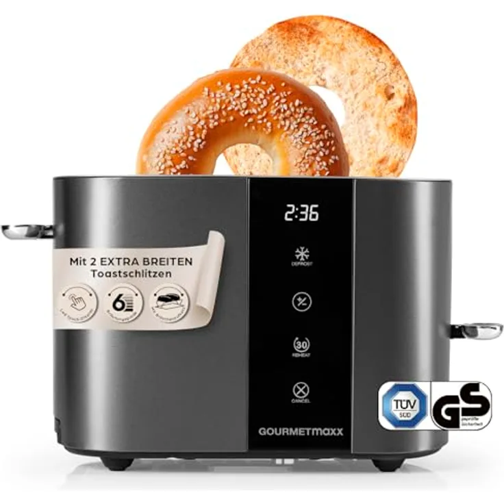 GOURMETmaxx Toaster Kurzschlitz für 2-Scheiben, Anthrazit, 6 Bräunungsgrade, Touchdisplay, Ready-2-eat-Countdown, Brötchenaufsatz