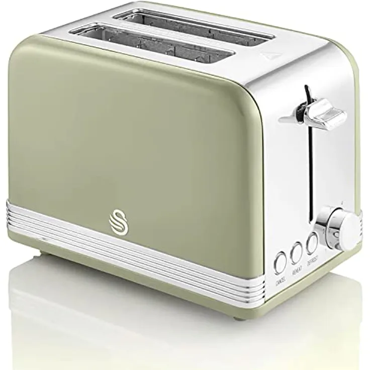 Swan Retro ST19010GNEU 2-Scheiben-Breitschlitz-Brottoaster, Vintage Design, 3 Funktionen: Auftauen/Aufwärmen/Abbrechen, 6 Toaststufenregler, Edelstahl, Grün, 815W