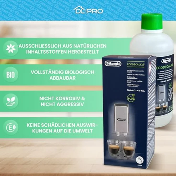 DL-pro 2 x Entkalker 500ml, Hochwirksames Reinigungsmittel für DeLonghi Kaffeemaschinen, 4 Entkalkungen pro Flasche – Bild 3