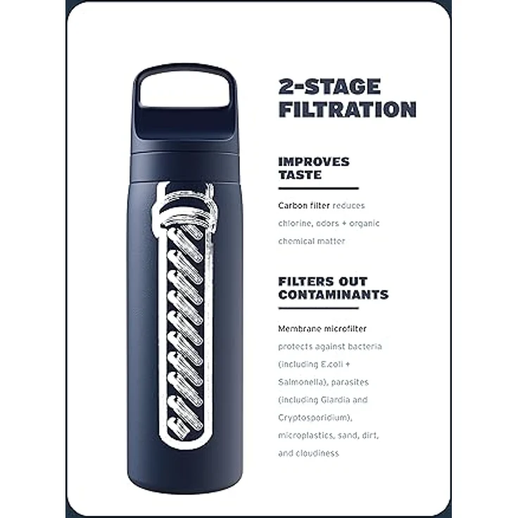 LifeStraw Go Series – Doppelwandige BPA-freie vakuumisolierte 530 ml Edelstahl-Wasserfilter-Flasche für Reisen und den täglichen Gebrauch; Ägäis – Bild 2