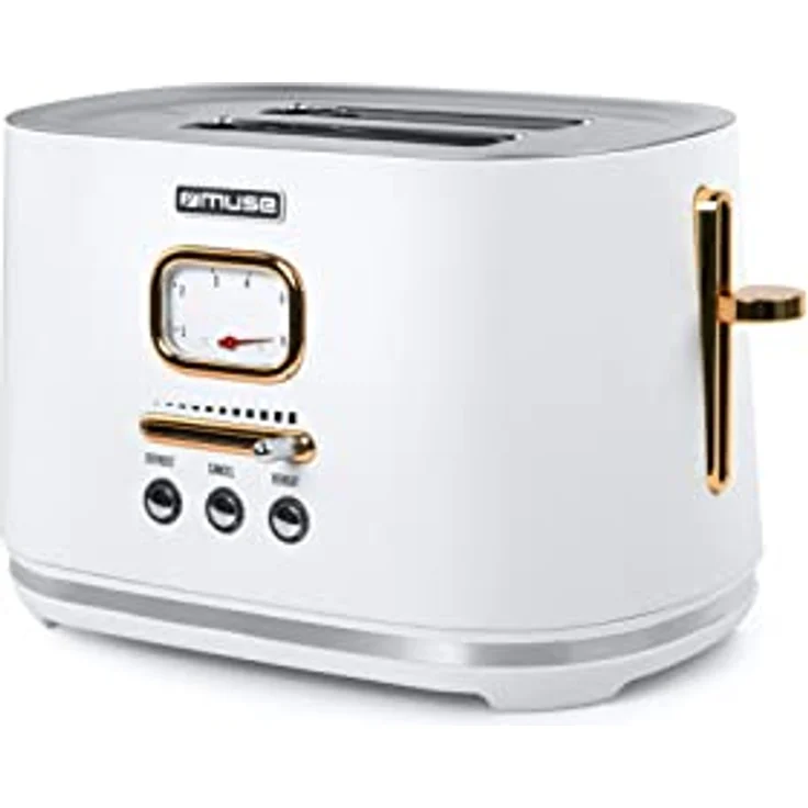 Muse Edelstahl-toaster im weißen retro Design, analoge Anzeige, beleuchtete Tasten, 6 Bräungsstufen, 2 Scheiben, MS-130 W, Vintage Look, mit Krümelschublade – Bild 1