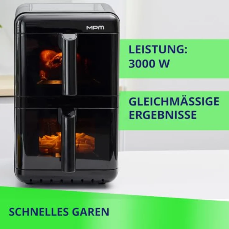 MPM MFR-13, Große Heißluftfritteuse mit 12 Litern, Doppelkammer, 3000W, Sync & Dual-Cook Funktion, Schüttel-Erinnerung – Bild 4