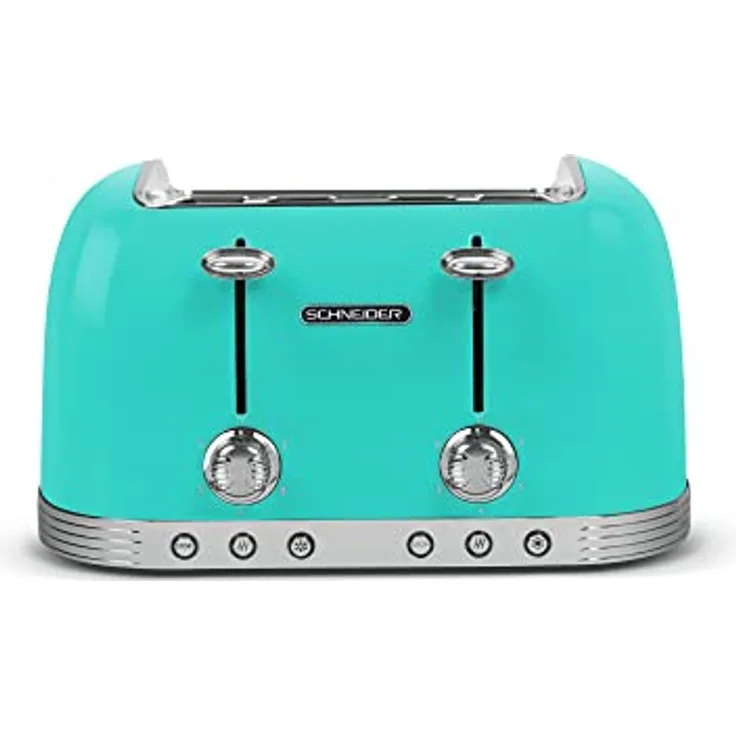 SCHNEIDER Retro Toaster mit 1630 Watt, 4 Scheiben Toaster mit variable Bräunungssteuerung in 6 Stufen, Auftau-, Aufwärm- und Stopp-Funktion, Krümelschublade, automatische Abschaltung, türkis