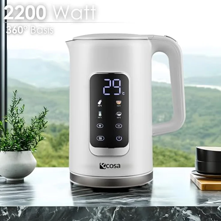 ecosa Wasserkocher Edelstahl mit Temperatureinstellung 1,7 Liter 2200 Watt Teekocher BPA FREI LED Display Warmhaltefunktion (Wanda White) – Bild 3