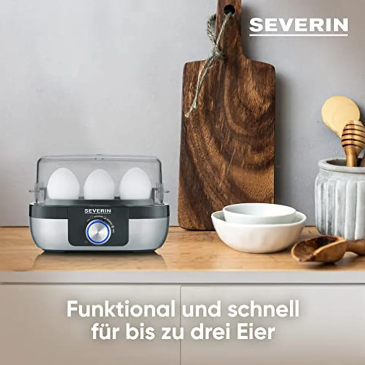 Severin EK 3163 4008146036675 Eierkocher, 270W, Kapazität 3 Eier, Signalton, Messbecher, Härtegrad einstellbar, schwarz, edelstahl – Bild 3
