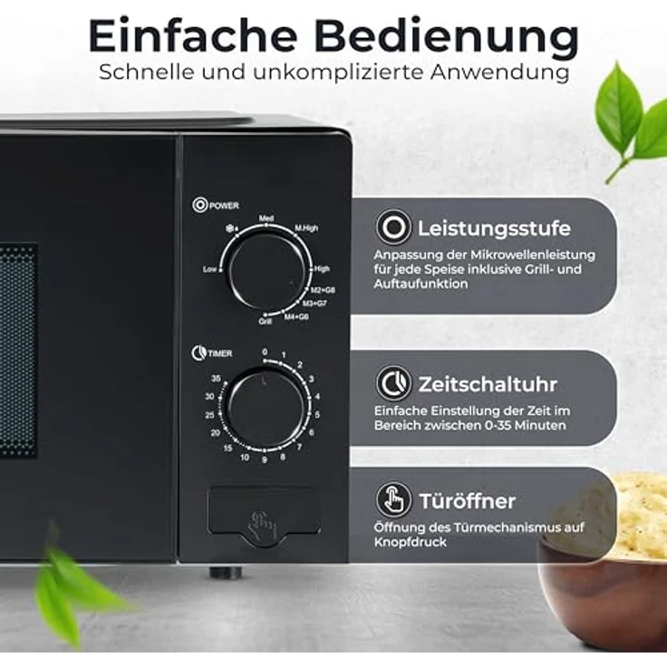 KLAMER Mikrowelle KMW-20, 20 Liter, 700 Watt, 9 Leistungsstufen, Grill- und Auftaufunktion, 35-Minuten-Timer, inkl. Drehteller & Grillrost, schwarz – Bild 5
