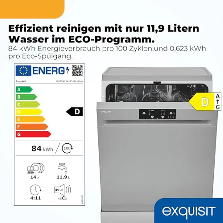 Exquisit GSP59114-451D, Unterbaufähiger Geschirrspüler mit 14 Maßgedecken, 4 Programmen, Energieklasse D, silber – Bild 2