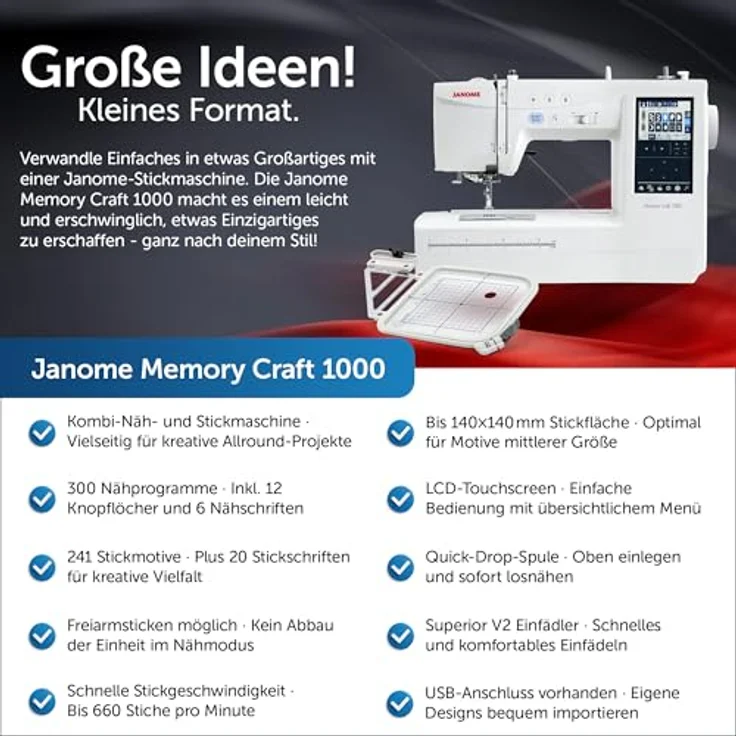Janome Nähmaschine Memory Craft 1000, 300 Nähprogramme, 241 Stickmuster, USB-Schnittstelle, umweltfreundliche Verpackung – Bild 2