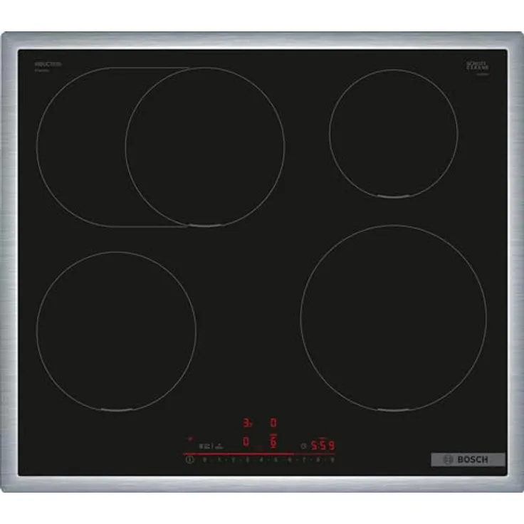 Bosch PIF645HB1E Serie 6 Smartes Induktionskochfeld (autark), 60 cm breit, Bräterzone, Umlaufender Rahmen, Kochfeldbasierte Haubensteuerung, schnelleres Kochen, Schwarz 