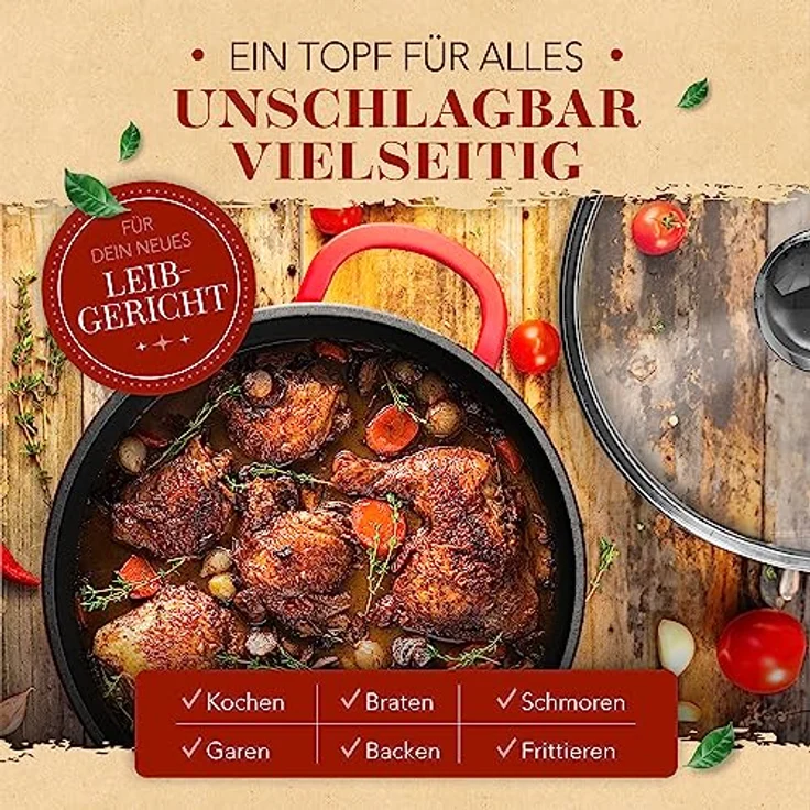 KRUSTENZAUBER 24cm Aluguss Bräter mit Deckel backofengeeignet [inkl. Glasdeckel] - 4L Aluminium Schmortopf & Bratpfanne - Idealer Bräter Induktion, Schmorpfanne, Bratentopf, Gussbräter, Kasserolle - Modernes Kocherlebnis in Schwarz – Bild 4
