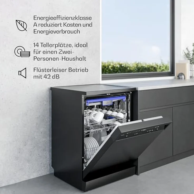 Klarstein Velaire Geschirrspüler 60cm, freistehend, 14 Plätze, 9 Programme, 42 dB, A, AquaStop, Edelstahl – Bild 3