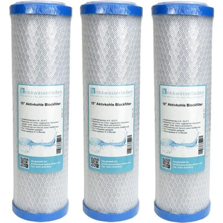 Trinkwasserladen 3x Aktivkohleblock 10" Ersatzfilter für Umkehrosmose, hohe Adsorptionskapazität, reduziert Chlor, Blei und Kupfer
