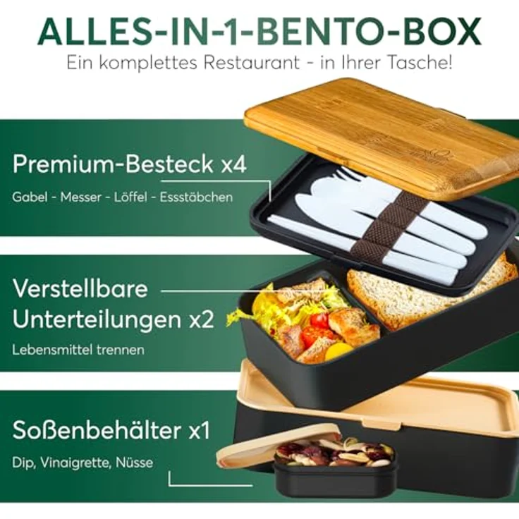 UMAMI Lunchbox All-in-1 1,2L, Auslaufsichere Brotdose mit Besteck und 2 Saucenbehältern, Fächer für Meal Prep – Bild 4