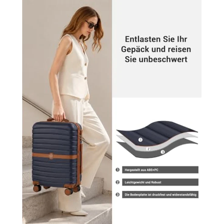 KONO Kofferset 3-teilig Hartschalenkoffer ABS+PC, leicht, dunkelgrün/braun, integriertes Zahlenschloss, 360° drehbare Doppelrollen, platzsparend stapelbar – Bild 5